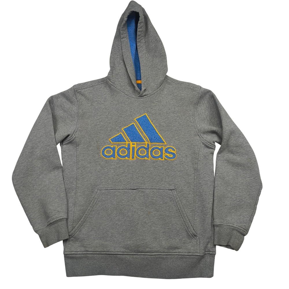 Adidas Mens Hoodie Small Gray Blue Yellow Logo Pullover Fleece Sweatshirt S